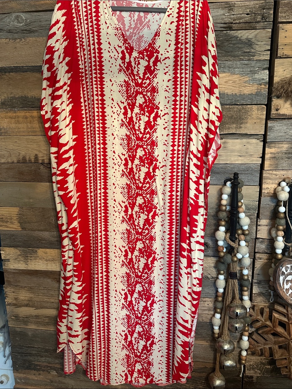 Red and Cream Patterned V-Neck Maxi Dress